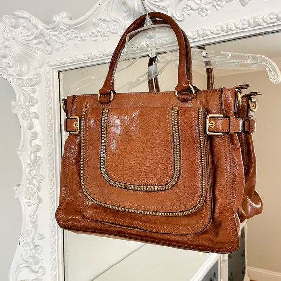 MICHAEL KORS Naomi Tan Leather Zipper Logo Satchel Handbag Bag - Picture 3 of 10